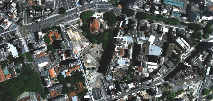 Foto aérea de situação da SP Escola de Teatro na Praça Roosevelt